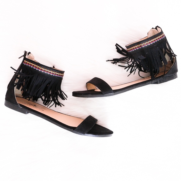 Boho Fringe Flat Sandals Black - Picture 2 of 8